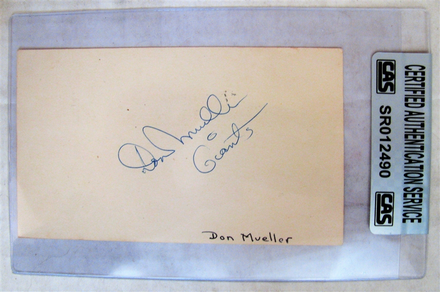 DON MUELLER GIANTS SIGNED 1956 GOVERMENT POSTCARD - CAS AUTHENTICATED