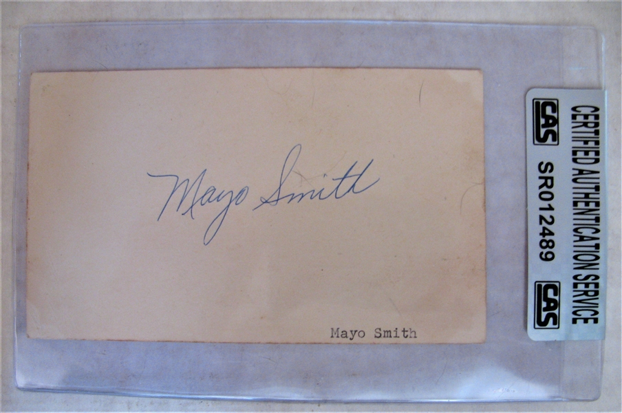 MAYO SMITH SIGNED 1957 GOVERMENT POSTCARD - CAS AUTHENTICATED