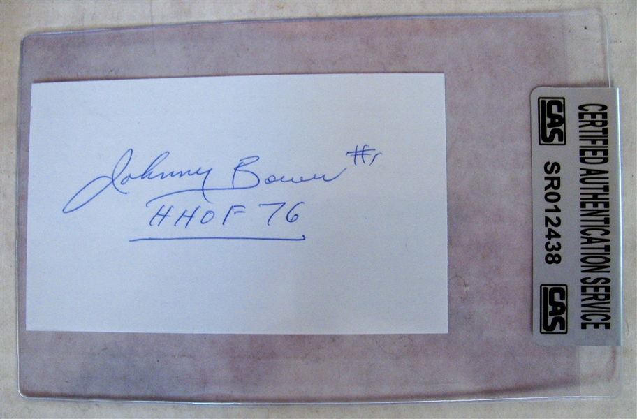 JOHNNY BOWER HHOF 76 SIGNED 3X5 INDEX CARD - CAS AUTHENTICATED