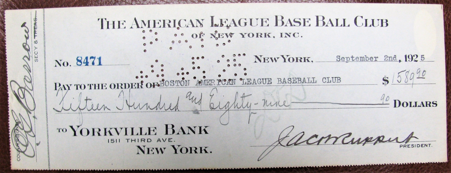 1925 NEW YORK YANKEES CHECK SIGNED BY BARROW & RUPPERT w/JSA COA