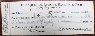 1925 NEW YORK YANKEES CHECK SIGNED BY BARROW & RUPPERT w/JSA COA