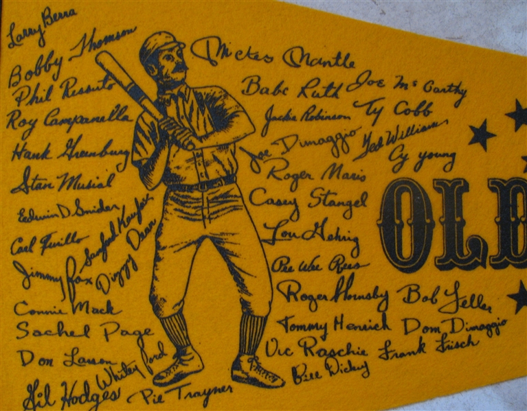 VINTAGE HALL OF FAME OLD TIMER'S PENNANT w/PLAYER NAMES RUTH - GEHRIG - MANTLE - ROBINSON - DIMAGGIO
