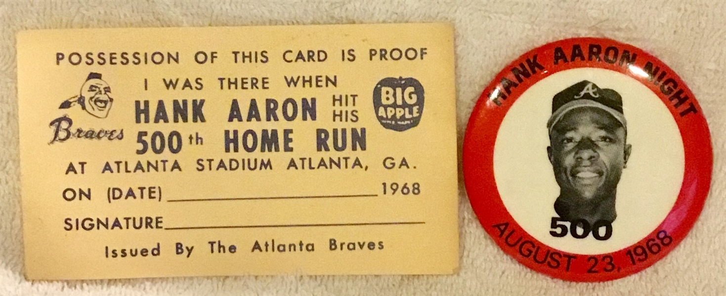 1968 HANK AARON 500th HOME RUN PIN & TICKET