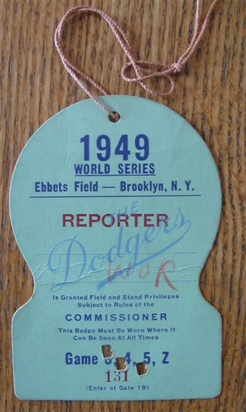 1949 BROOKLYN DODGERS WORLD SERIES PRESS PASS