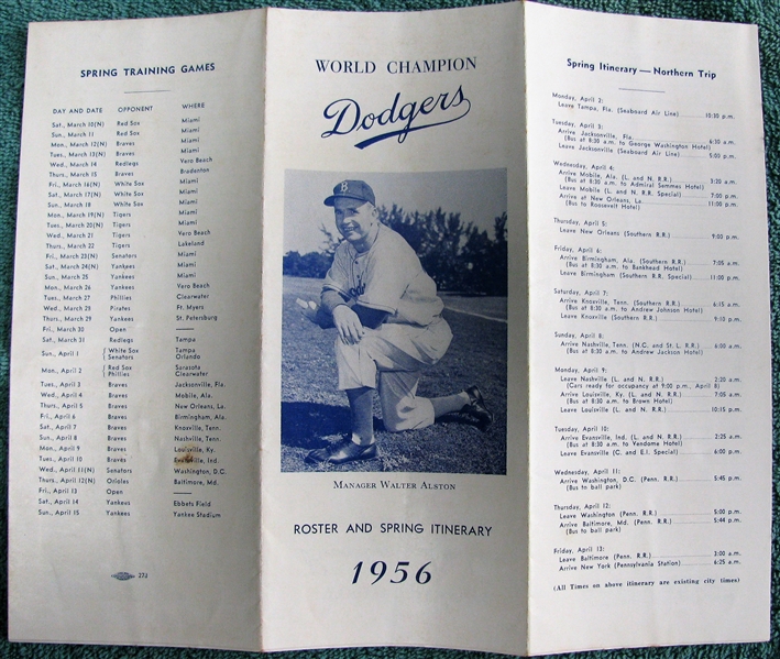 WORLD CHAMPION BROOKLYN DODGERS 1956 ROSTER & SPRING ITINERARY