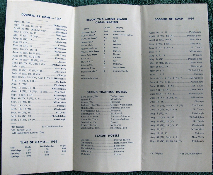 WORLD CHAMPION BROOKLYN DODGERS 1956 ROSTER & SPRING ITINERARY