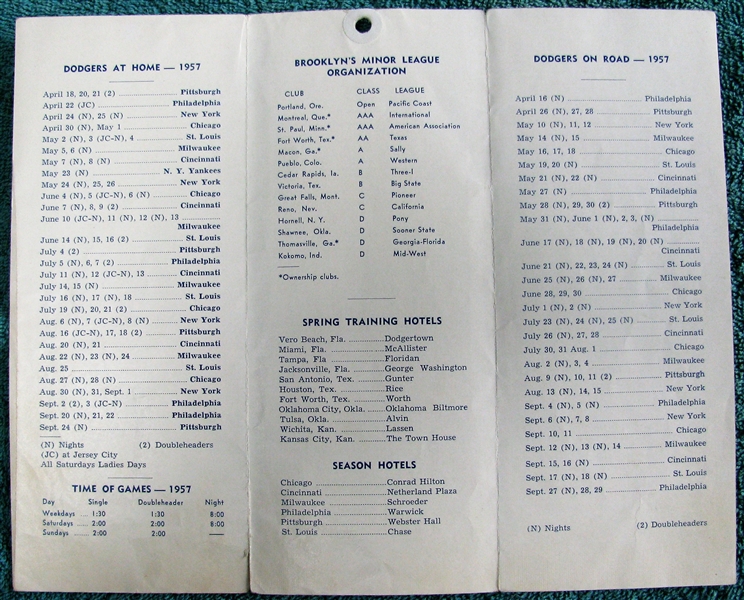NATIONAL LKEAGUE CHAMPION BROOKLYN DODGERS 1957 ROSTER & SPRING ITINERARY