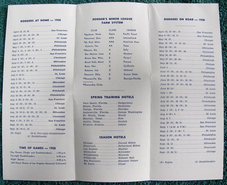 LOS ANGELES DODGERS 1958 ROSTER & SPRING ITINERARY