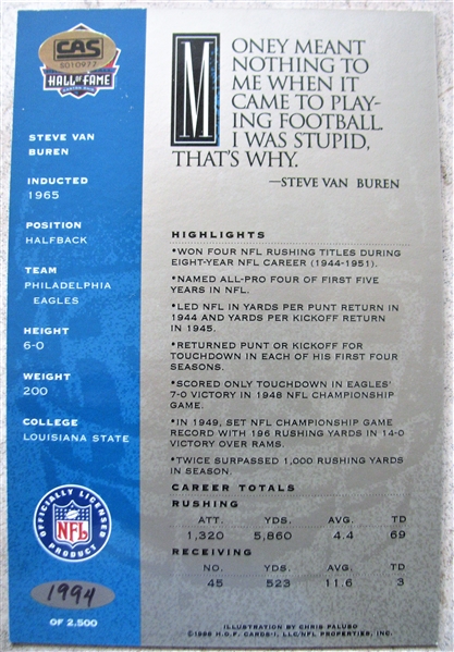 STEVE VAN BUREN SIGNED FOOTBALL HOF POST CARD