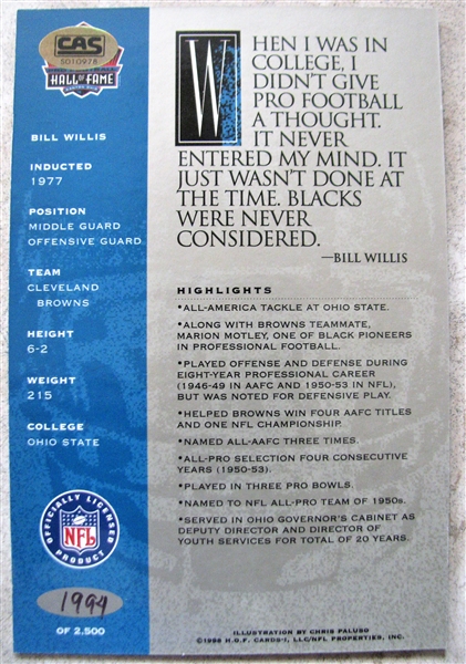 BILL WILLIS SIGNED FOOTBALL HOF POST CARD