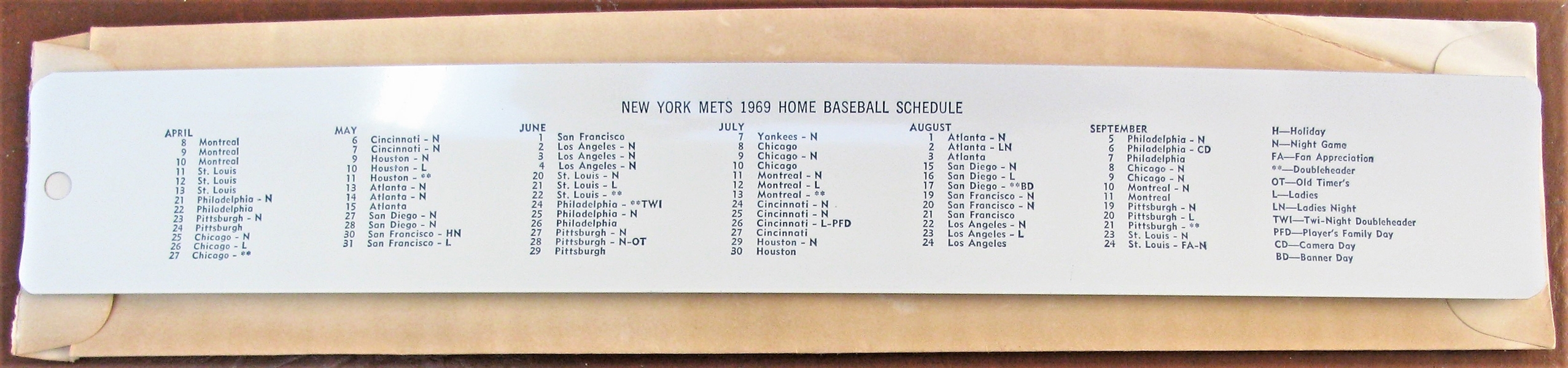 1969 NEW YORK METS BASEBALL SCHEDULE RULER IN ORIGINAL SLEEVE