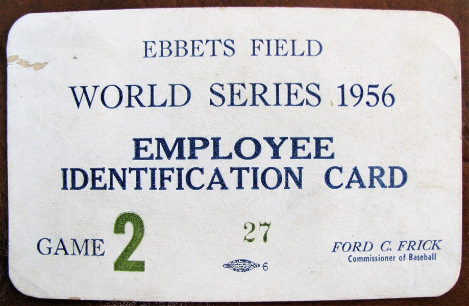 1956 WORLD SERIES EBBETS FIELD EMPLOYEE ID PASS GAME #2