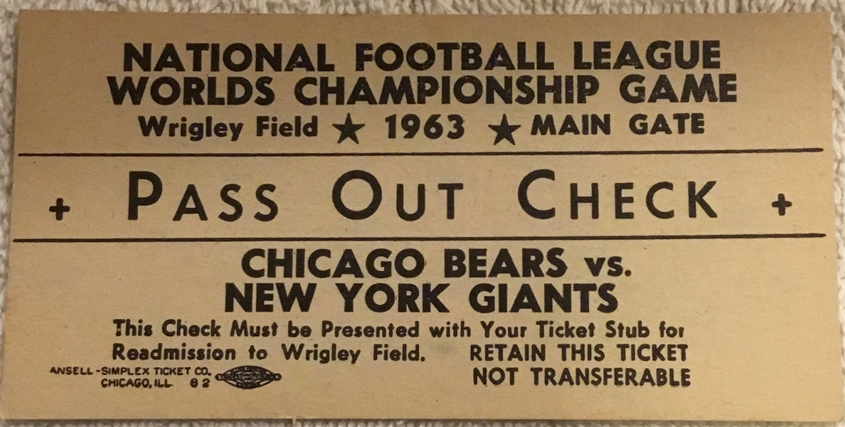 1963 NFL CHAMPIONSHIP GAME RE-ENTRY TICKET - BEARS vs GIANTS