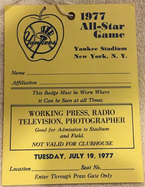 1977 ALL-STAR GAME PRESS PASS - YANKEE STADIUM