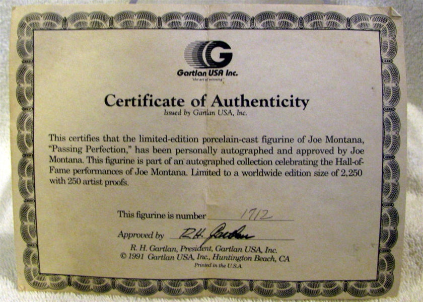 1991 JOE MONTANA AUTOGRAPHED GARTLAND STATUE