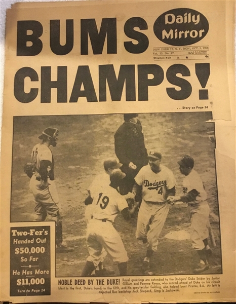 OCTOBER 1, 1956 DAILY MIRROR NEWSPAPER - BUMS CHAMPS!