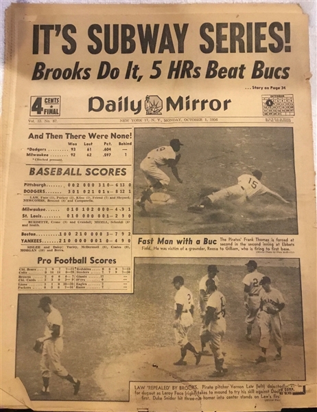 OCTOBER 1, 1956 DAILY MIRROR NEWSPAPER - BUMS CHAMPS!