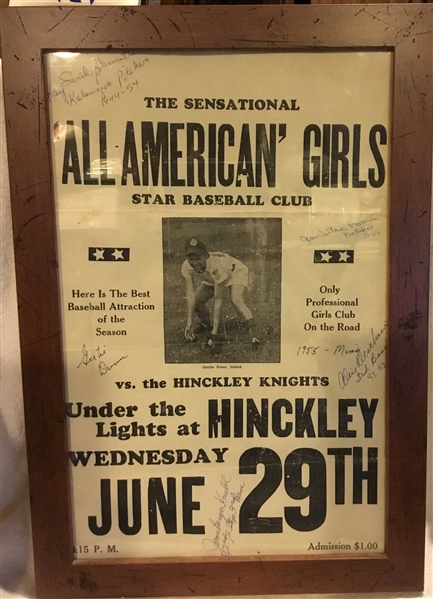 VINTAGE ALL AMERICAN GIRLS BASEBALL GAME POSTER - SIGNED BY 5