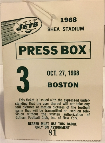 1968 JETS vs PATRIOTS PRESS BOX PASS- CHAMPIONSHIP YEAR