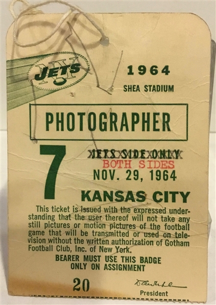 1964 NEW YORK JETS vs KANSAS CITY CHIEFS PRESS PASS
