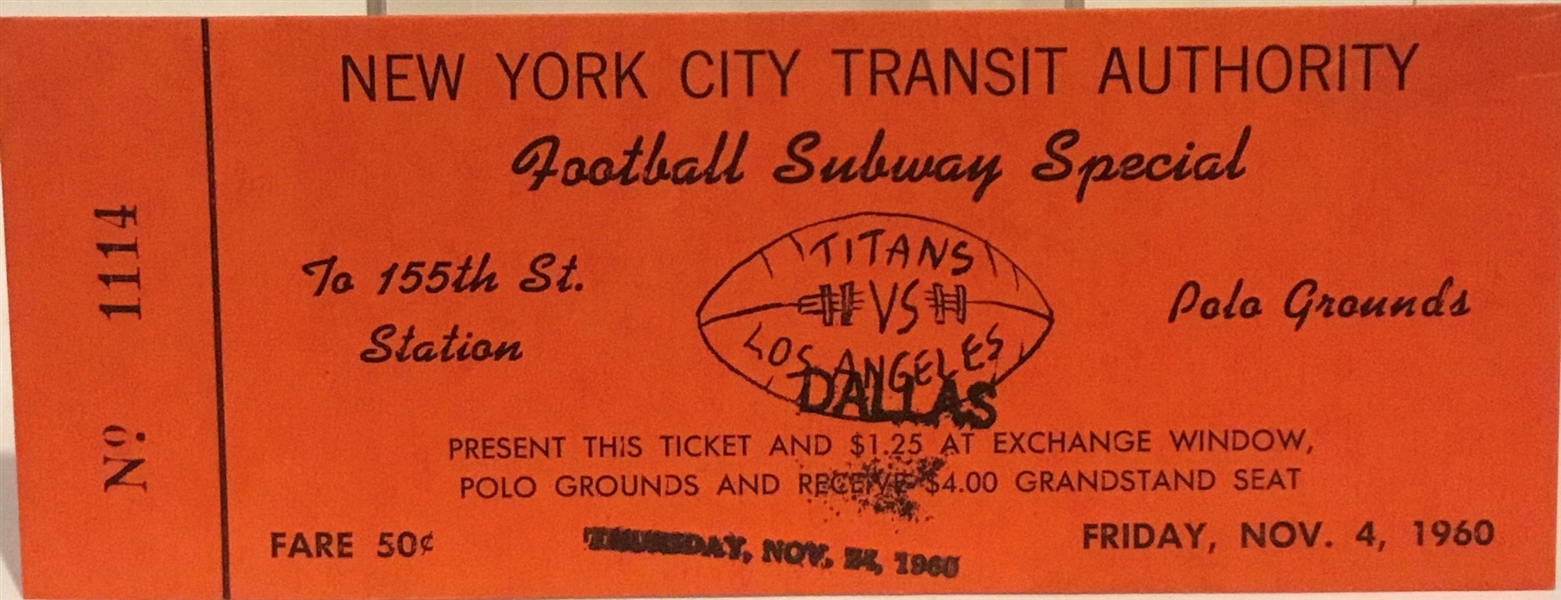 1960 NEW YORK TITANS vs DALLAS TEXANS SUBWAY SPECIAL TICKET