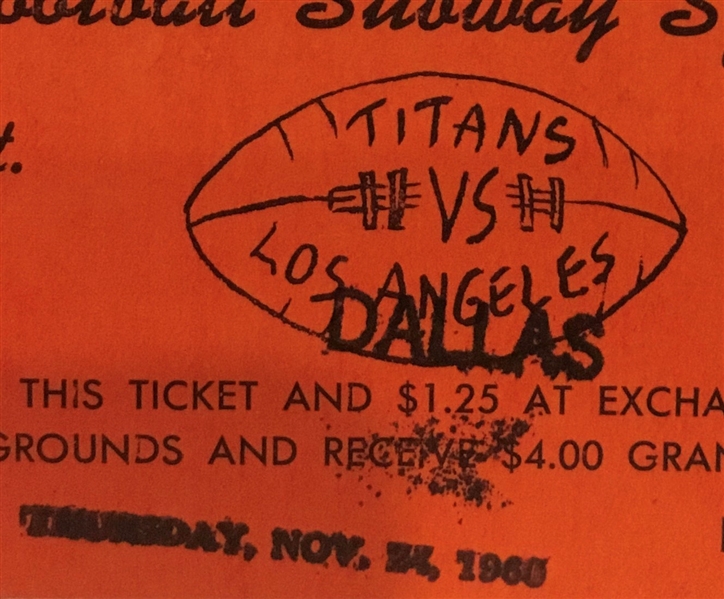 1960 NEW YORK TITANS vs DALLAS TEXANS SUBWAY SPECIAL TICKET