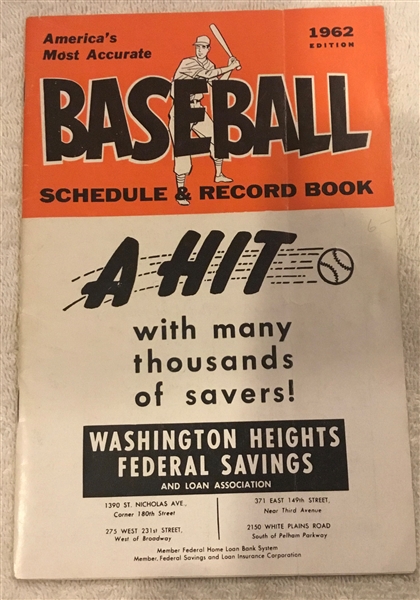 1962 BASEBALL SCHEDULE & RECORD BOOK