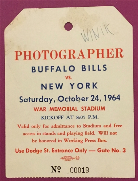 1964 BUFFALO BILLS vs N.Y. JETS PRESS PASS