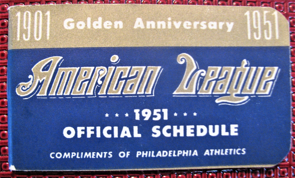 1951 AMERICAN LEAGUE POCKET SCHEDULE- PHILADELPHIA ATHLETICS GOLDEN ANNIVERSARY ISSUE