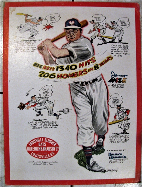 1947 HILLERICH & BRADSBY JOHNNY MIZE EASEL BACK POSTER
