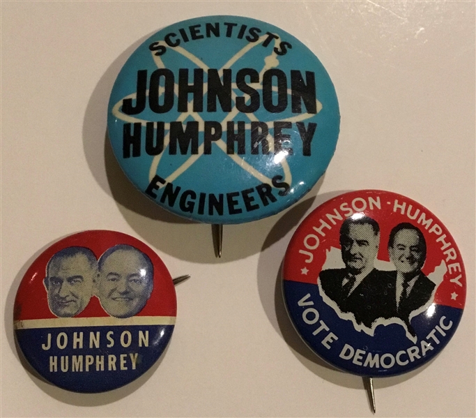 VINTAGE 1964 LYNDON JOHNSON / HUBERT HUMPHREY CAMPAIGN PINS LOT OF 3