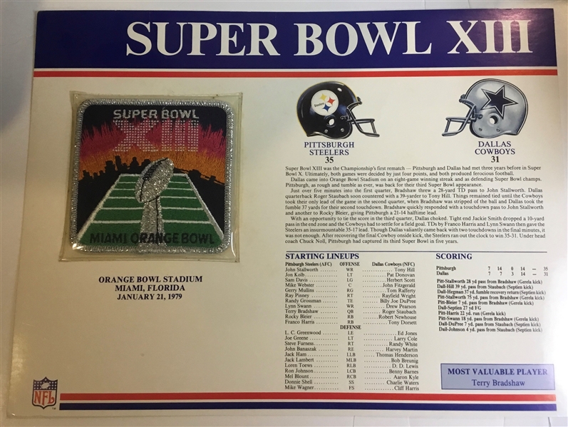 SUPER BOWL XIII JACKET PATCH ON CARD - STEELERS vs COWBOYS