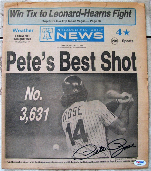 PETE ROSE SIGNED NEWSPAPER - BREAKS MUSUAL'S HIT RECORD #3631 w/PSA COA