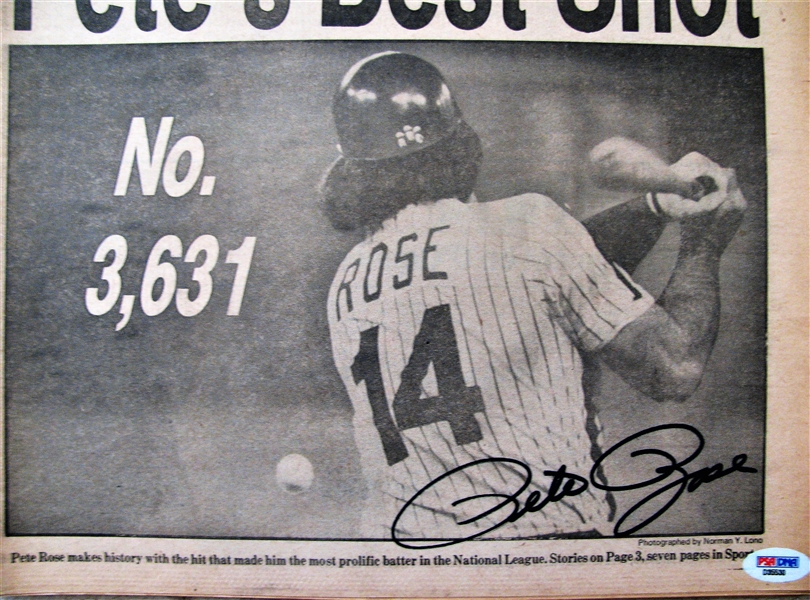 PETE ROSE SIGNED NEWSPAPER - BREAKS MUSUAL'S HIT RECORD #3631 w/PSA COA