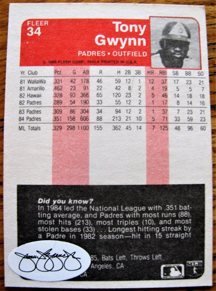 TONY GWYNN SIGNED BASEBALL CARD w/JSA COA