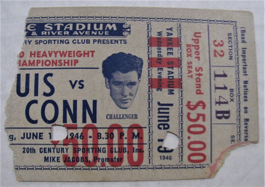 1946 JOE LOUIS vs BILLY CONN HEAVYWEIGHT CHAMPIONSHIP FIGHT TICKET STUB