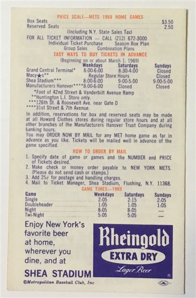 1969 NEW YORK METS SCHEDULE PAMPHLET