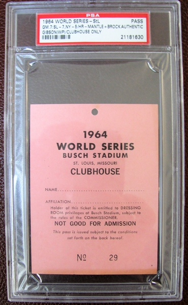 1964 WORLD SERIES ST. LOUIS CARDINALS CLUBHOUSE PASS