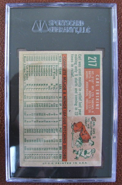 CARL ERSKINE SIGNED 1959 TOPPS BASEBALL CARD - SGC SLABBED & AUTHENTICATED