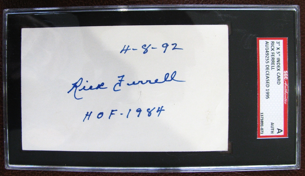 RICK FERRELL HOF 1984 SIGNED 3X5 INDEX CARD - SGC SLABBED & AUTHENTICATED