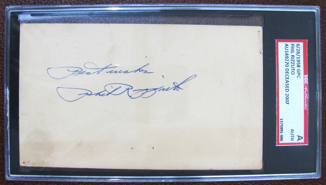 1958 PHIL RIZZUTO BEST WISHES SIGNED POSTCARD - SGC SLABBED & AUTHENTICATED