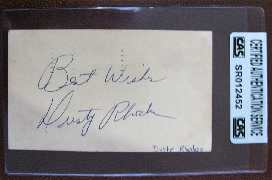 DUSTY RHODES BEST WISHES SIGNED 1957 POSTCARD - CAS AUTHENTICATED