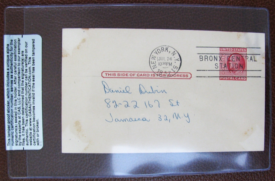 1957 BOBBY RICHARDSON SIGNED POSTCARD - CAS AUTHENTICATED