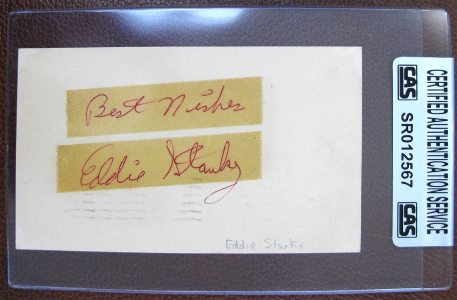 EDDIE STANKY SIGNED 1955 POST CARD - CAS AUTHENTICATED