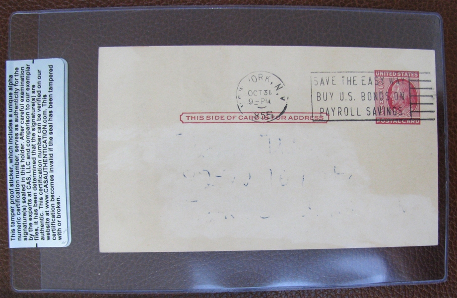 CARL HUBBELL SIGNED 1955 POSTCARD - CAS AUTHENTICATED