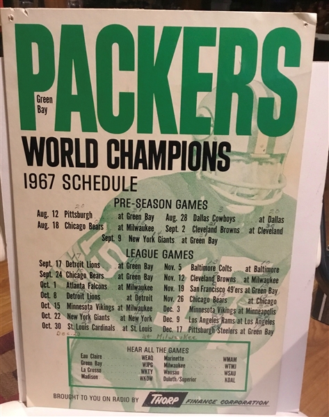 1967 GREEN BAY PACKERS WORLD CHAMPIONS SCHEDULE POSTER w/STARR
