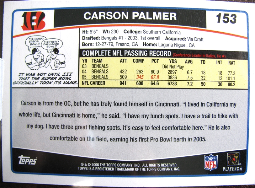 CARSON PALMER SIGNED FOOTBALL CARD /CAS AUTHENTICATED