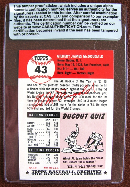 GIL MCDOUGALD SIGNED BASEBALL CARD /CAS AUTHENTICATED