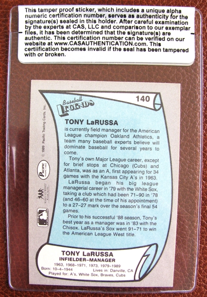 TONY LARUSSA SIGNED BASEBALL CARD /CAS AUTHENTICATED