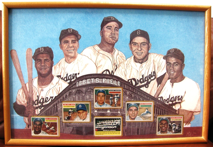 BROOKLYN DODGERS POSTER w/ 1956 TOPPS CARDS - ROBINSON-CAMPY-HODGES-SNIDER-REESE
